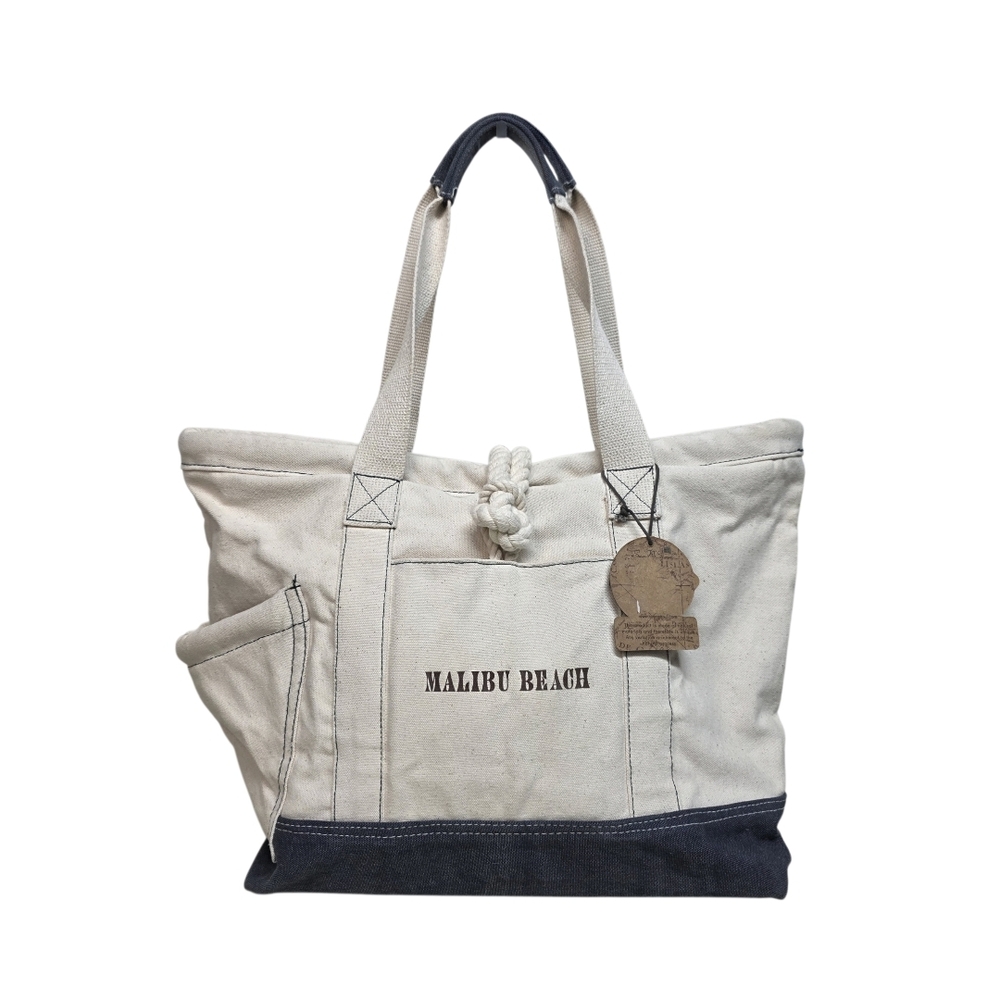 Sun N Sand Canvas Cream and Blue Tote Weekender Beach Tote Bag